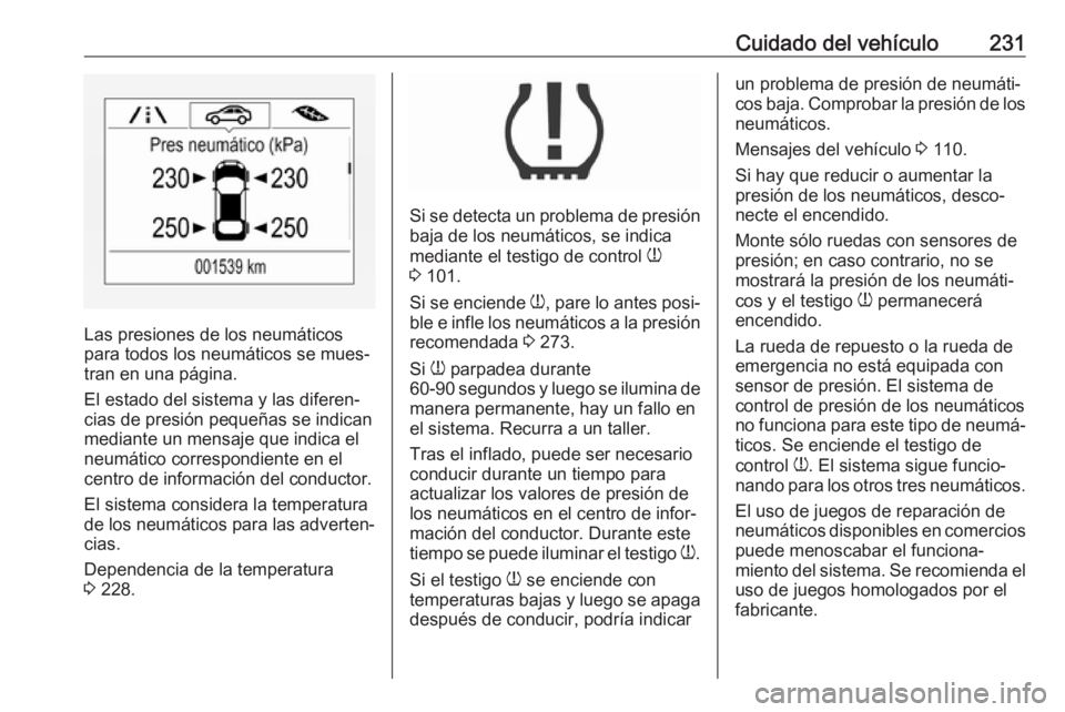 OPEL CORSA E 2018.5 Manual de Instrucciones (in Spanish) Cuidado del vehículo231
Las presiones de los neumáticos
para todos los neumáticos se mues‐
tran en una página.
El estado del sistema y las diferen‐
cias de presión pequeñas se indican
median OPEL CORSA E 2018.5 Manual de Instrucciones (in Spanish) Cuidado del vehículo231
Las presiones de los neumáticos
para todos los neumáticos se mues‐
tran en una página.
El estado del sistema y las diferen‐
cias de presión pequeñas se indican
median