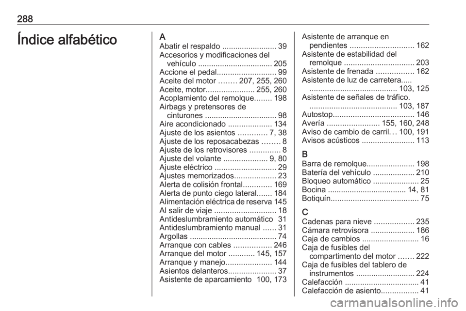 OPEL CORSA E 2018.5 Manual de Instrucciones (in Spanish) 288Índice alfabéticoAAbatir el respaldo ......................... 39
Accesorios y modificaciones del vehículo .................................. 205
Accione el pedal ........................... 99 OPEL CORSA E 2018.5 Manual de Instrucciones (in Spanish) 288Índice alfabéticoAAbatir el respaldo ......................... 39
Accesorios y modificaciones del vehículo .................................. 205
Accione el pedal ........................... 99