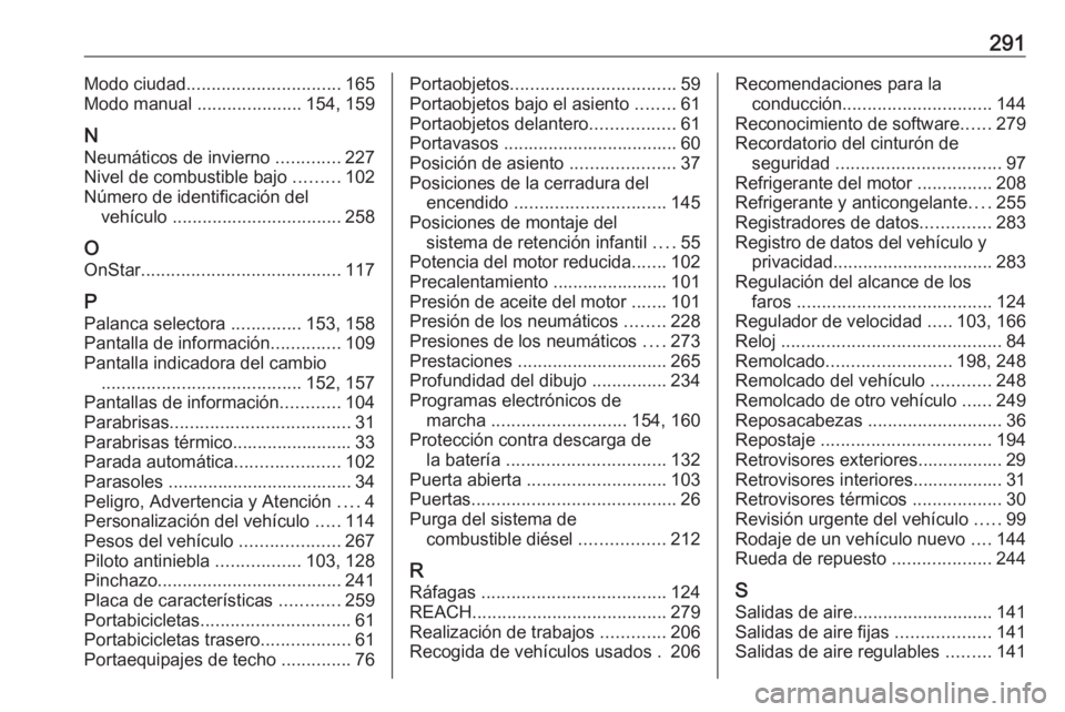 OPEL CORSA E 2018.5  Manual de Instrucciones (in Spanish) 291Modo ciudad............................... 165
Modo manual  .....................154, 159
N Neumáticos de invierno  .............227
Nivel de combustible bajo  .........102
Número de identificaci