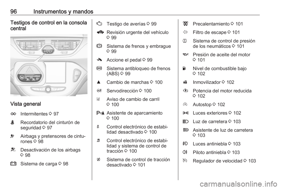 OPEL CORSA E 2018.5 Manual de Instrucciones (in Spanish) 96Instrumentos y mandosTestigos de control en la consola
central
Vista general
OIntermitentes 3 97XRecordatorio del cinturón de
seguridad 3 97vAirbags y pretensores de cintu‐
rones 3 98VDesactiv OPEL CORSA E 2018.5 Manual de Instrucciones (in Spanish) 96Instrumentos y mandosTestigos de control en la consola
central
Vista general
OIntermitentes 3 97XRecordatorio del cinturón de
seguridad 3 97vAirbags y pretensores de cintu‐
rones 3 98VDesactiv