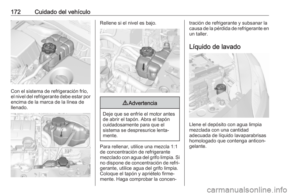 OPEL CORSA E 2019 Manual de Instrucciones (in Spanish) 172Cuidado del vehículo
Con el sistema de refrigeración frío,
el nivel del refrigerante debe estar por
encima de la marca de la línea de
llenado.
Rellene si el nivel es bajo.9 Advertencia
Deje que OPEL CORSA E 2019 Manual de Instrucciones (in Spanish) 172Cuidado del vehículo
Con el sistema de refrigeración frío,
el nivel del refrigerante debe estar por
encima de la marca de la línea de
llenado.
Rellene si el nivel es bajo.9 Advertencia
Deje que