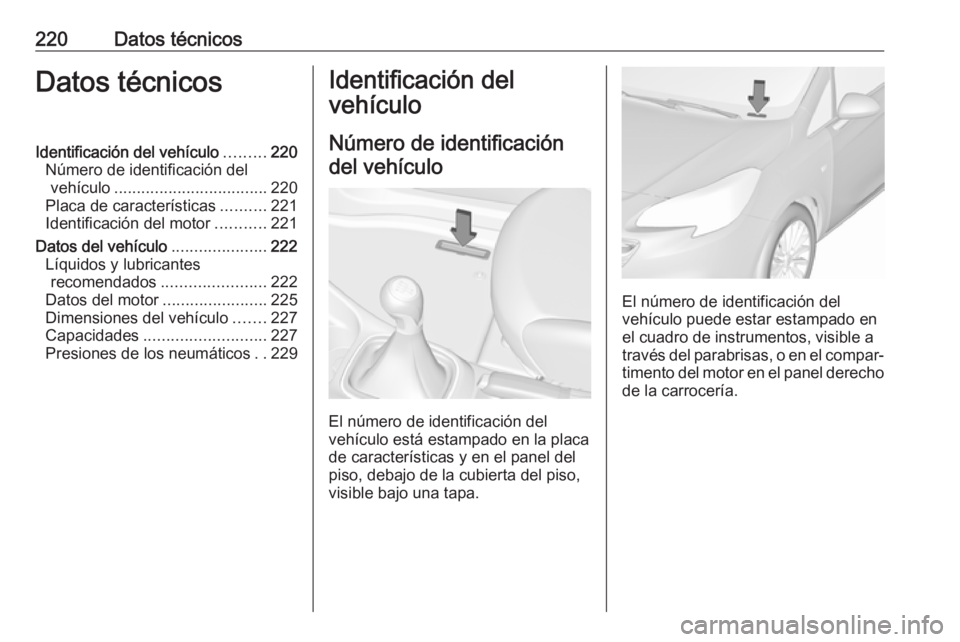 OPEL CORSA E 2019 Manual de Instrucciones (in Spanish) 220Datos técnicosDatos técnicosIdentificación del vehículo.........220
Número de identificación del vehículo .................................. 220
Placa de características ..........221
Ident OPEL CORSA E 2019 Manual de Instrucciones (in Spanish) 220Datos técnicosDatos técnicosIdentificación del vehículo.........220
Número de identificación del vehículo .................................. 220
Placa de características ..........221
Ident