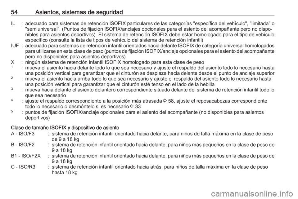 OPEL CORSA E 2019 Manual de Instrucciones (in Spanish) 54Asientos, sistemas de seguridadIL:adecuado para sistemas de retención ISOFIX particulares de las categorías "específica del vehículo", "limitada" o
"semiuniversal". (Punt OPEL CORSA E 2019 Manual de Instrucciones (in Spanish) 54Asientos, sistemas de seguridadIL:adecuado para sistemas de retención ISOFIX particulares de las categorías "específica del vehículo", "limitada" o
"semiuniversal". (Punt