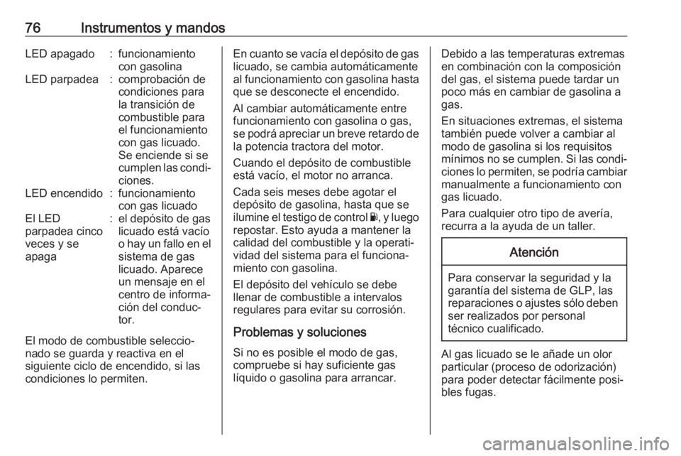 OPEL CORSA E 2019 Manual de Instrucciones (in Spanish) 76Instrumentos y mandosLED apagado:funcionamiento
con gasolinaLED parpadea:comprobación de
condiciones para
la transición de
combustible para
el funcionamiento
con gas licuado.
Se enciende si se
cum OPEL CORSA E 2019 Manual de Instrucciones (in Spanish) 76Instrumentos y mandosLED apagado:funcionamiento
con gasolinaLED parpadea:comprobación de
condiciones para
la transición de
combustible para
el funcionamiento
con gas licuado.
Se enciende si se
cum