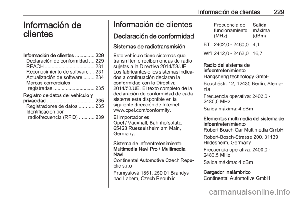 OPEL CORSA F 2020 Manual de Instrucciones (in Spanish) Información de clientes229Información de
clientesInformación de clientes ..............229
Declaración de conformidad ....229
REACH .................................... 231
Reconocimiento de softw OPEL CORSA F 2020 Manual de Instrucciones (in Spanish) Información de clientes229Información de
clientesInformación de clientes ..............229
Declaración de conformidad ....229
REACH .................................... 231
Reconocimiento de softw