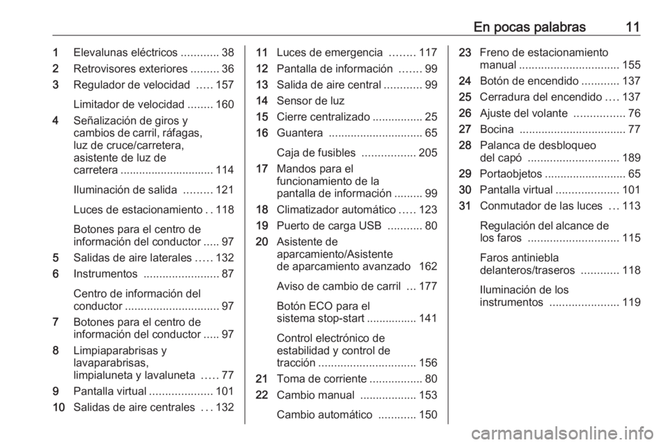 OPEL CROSSLAND X 2017.75  Manual de Instrucciones (in Spanish) En pocas palabras111Elevalunas eléctricos ............38
2 Retrovisores exteriores .........36
3 Regulador de velocidad  .....157
Limitador de velocidad ........160
4 Señalización de giros y
cambio