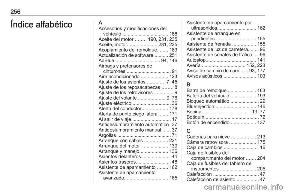 OPEL CROSSLAND X 2017.75 Manual de Instrucciones (in Spanish) 256Índice alfabéticoAAccesorios y modificaciones del vehículo .................................. 188
Aceite del motor ........190, 231, 235
Aceite, motor ...................... 231, 235
Acoplamie OPEL CROSSLAND X 2017.75 Manual de Instrucciones (in Spanish) 256Índice alfabéticoAAccesorios y modificaciones del vehículo .................................. 188
Aceite del motor ........190, 231, 235
Aceite, motor ...................... 231, 235
Acoplamie