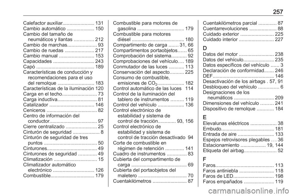 OPEL CROSSLAND X 2017.75 Manual de Instrucciones (in Spanish) 257Calefactor auxiliar.......................131
Cambio automático .................... 150
Cambio del tamaño de neumáticos y llantas ..............212
Cambio de marchas .....................93
Ca OPEL CROSSLAND X 2017.75 Manual de Instrucciones (in Spanish) 257Calefactor auxiliar.......................131
Cambio automático .................... 150
Cambio del tamaño de neumáticos y llantas ..............212
Cambio de marchas .....................93
Ca