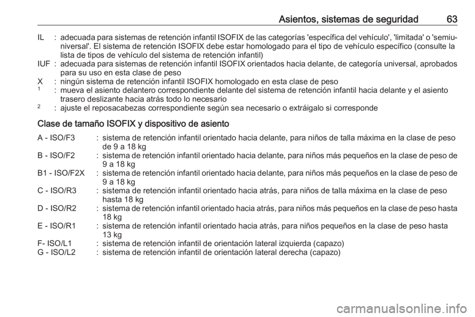 OPEL CROSSLAND X 2017.75  Manual de Instrucciones (in Spanish) Asientos, sistemas de seguridad63IL:adecuada para sistemas de retención infantil ISOFIX de las categorías 'específica del vehículo', 'limitada' o 'semiu‐
niversal'. El si