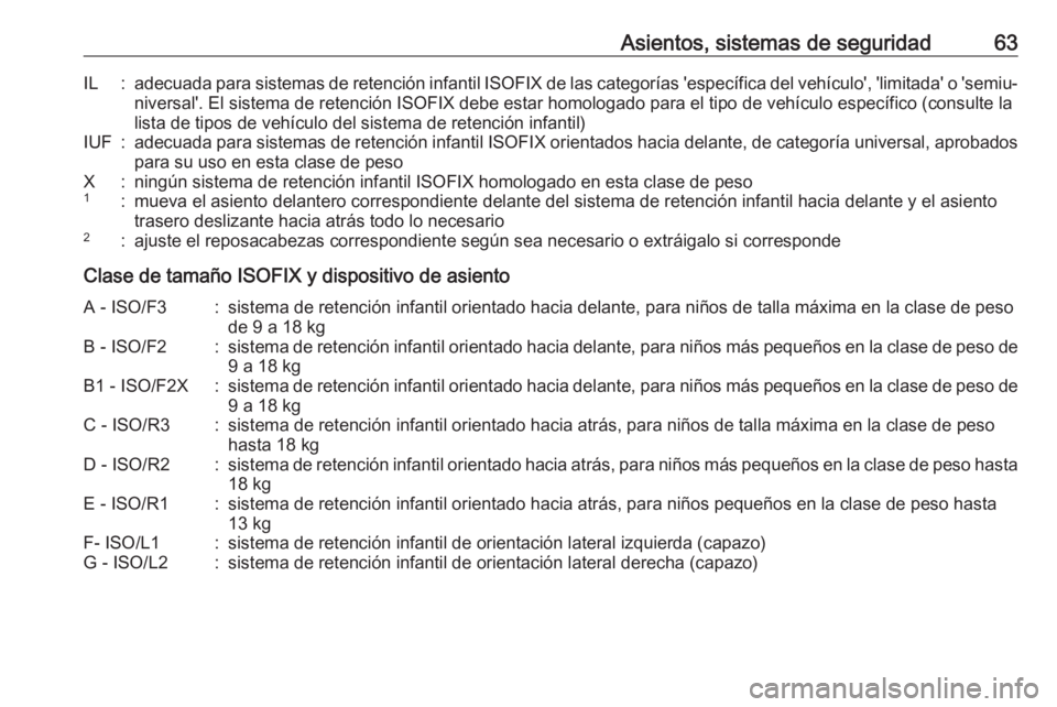 OPEL CROSSLAND X 2017.75 Manual de Instrucciones (in Spanish) Asientos, sistemas de seguridad63IL:adecuada para sistemas de retención infantil ISOFIX de las categorías 'específica del vehículo', 'limitada' o 'semiu‐
niversal'. El si OPEL CROSSLAND X 2017.75 Manual de Instrucciones (in Spanish) Asientos, sistemas de seguridad63IL:adecuada para sistemas de retención infantil ISOFIX de las categorías 'específica del vehículo', 'limitada' o 'semiu‐
niversal'. El si