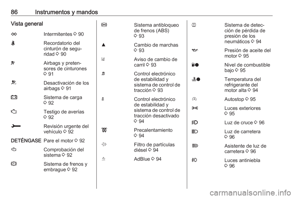 OPEL CROSSLAND X 2017.75  Manual de Instrucciones (in Spanish) 86Instrumentos y mandosVista generalOIntermitentes 3 90XRecordatorio del
cinturón de segu‐
ridad  3 90vAirbags y preten‐
sores de cinturones
3  91VDesactivación de los
airbags  3 91pSistema de c