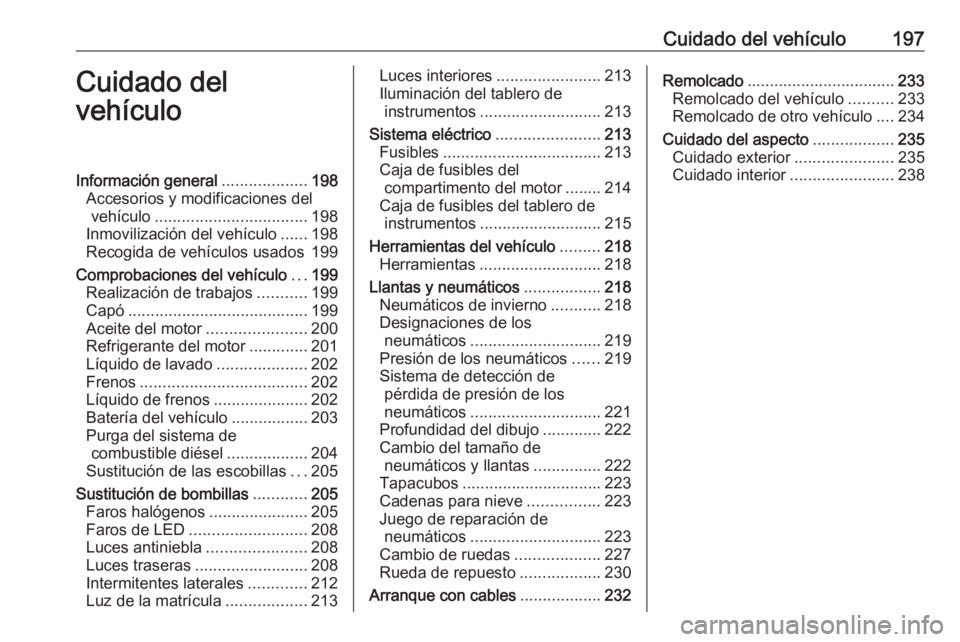 OPEL CROSSLAND X 2018 Manual de Instrucciones (in Spanish) Cuidado del vehículo197Cuidado del
vehículoInformación general ...................198
Accesorios y modificaciones del vehículo .................................. 198
Inmovilización del vehículo OPEL CROSSLAND X 2018 Manual de Instrucciones (in Spanish) Cuidado del vehículo197Cuidado del
vehículoInformación general ...................198
Accesorios y modificaciones del vehículo .................................. 198
Inmovilización del vehículo