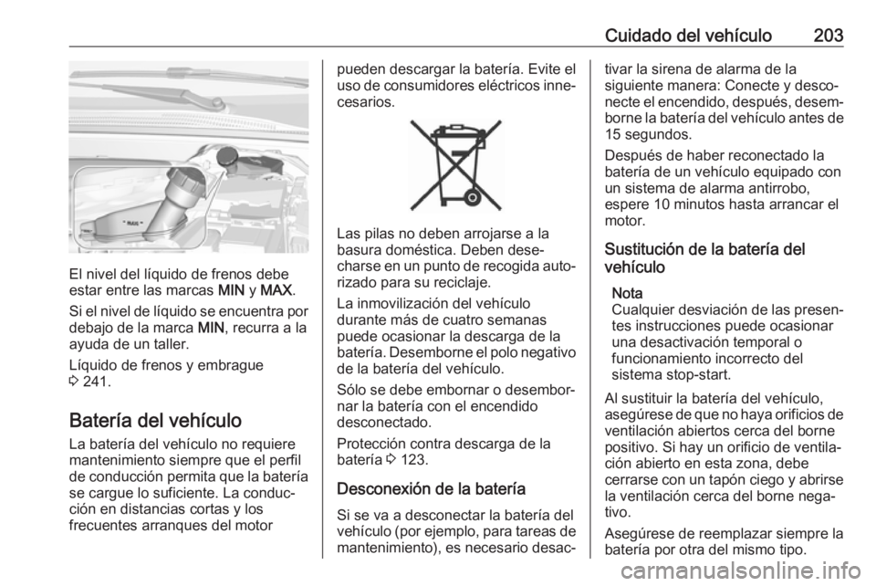 OPEL CROSSLAND X 2018 Manual de Instrucciones (in Spanish) Cuidado del vehículo203
El nivel del líquido de frenos debe
estar entre las marcas MIN y MAX .
Si el nivel de líquido se encuentra por
debajo de la marca MIN, recurra a la
ayuda de un taller.
Lí OPEL CROSSLAND X 2018 Manual de Instrucciones (in Spanish) Cuidado del vehículo203
El nivel del líquido de frenos debe
estar entre las marcas MIN y MAX .
Si el nivel de líquido se encuentra por
debajo de la marca MIN, recurra a la
ayuda de un taller.
Lí