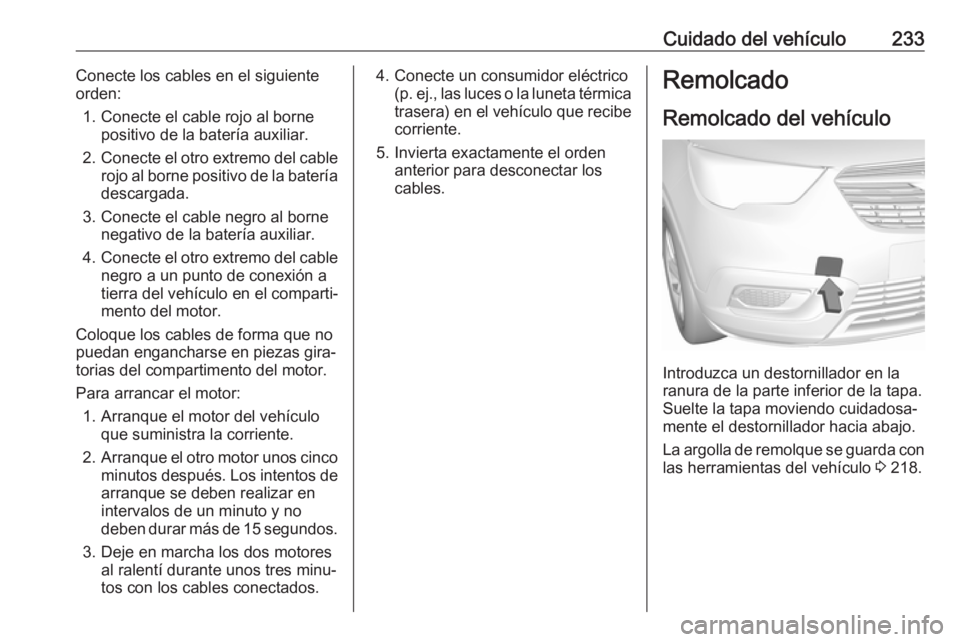 OPEL CROSSLAND X 2018  Manual de Instrucciones (in Spanish) Cuidado del vehículo233Conecte los cables en el siguiente
orden:
1. Conecte el cable rojo al borne positivo de la batería auxiliar.
2. Conecte el otro extremo del cable
rojo al borne positivo de la 