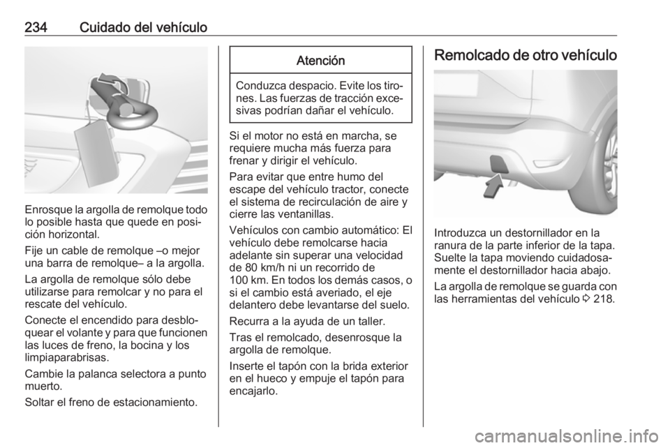 OPEL CROSSLAND X 2018  Manual de Instrucciones (in Spanish) 234Cuidado del vehículo
Enrosque la argolla de remolque todolo posible hasta que quede en posi‐
ción horizontal.
Fije un cable de remolque –o mejor
una barra de remolque– a la argolla.
La argo