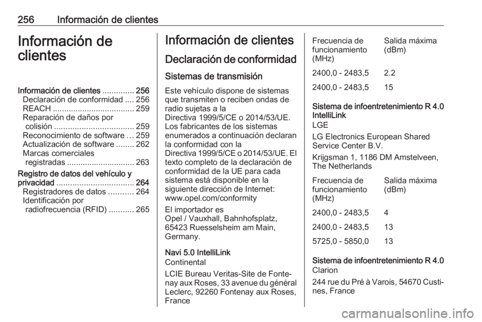 OPEL CROSSLAND X 2018  Manual de Instrucciones (in Spanish) 256Información de clientesInformación de
clientesInformación de clientes ..............256
Declaración de conformidad ....256
REACH .................................... 259
Reparación de daños p