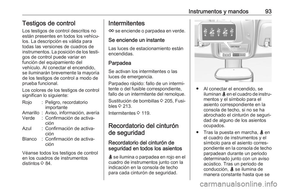 OPEL CROSSLAND X 2018  Manual de Instrucciones (in Spanish) Instrumentos y mandos93Testigos de control
Los testigos de control descritos no
están presentes en todos los vehícu‐
los. La descripción es válida para
todas las versiones de cuadros de
instrume
