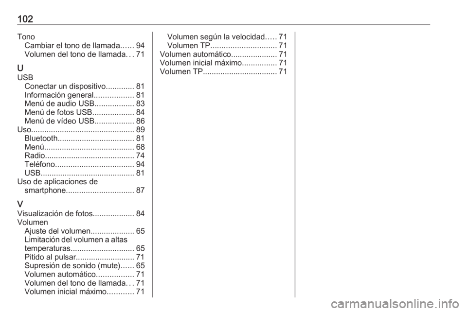 OPEL CROSSLAND X 2018.5  Manual de infoentretenimiento (in Spanish) 102TonoCambiar el tono de llamada ......94
Volumen del tono de llamada ...71
U USB Conectar un dispositivo .............81
Información general ..................81
Menú de audio USB ................
