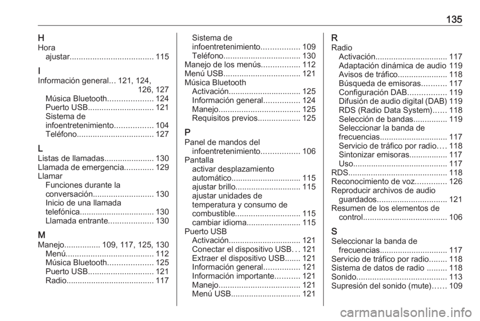 OPEL CROSSLAND X 2018.5 Manual de infoentretenimiento (in Spanish) 135HHora ajustar ..................................... 115
I
Información general ...121, 124,
126, 127
Música Bluetooth ....................124
Puerto USB ............................. 121
Sistema d OPEL CROSSLAND X 2018.5 Manual de infoentretenimiento (in Spanish) 135HHora ajustar ..................................... 115
I
Información general ...121, 124,
126, 127
Música Bluetooth ....................124
Puerto USB ............................. 121
Sistema d