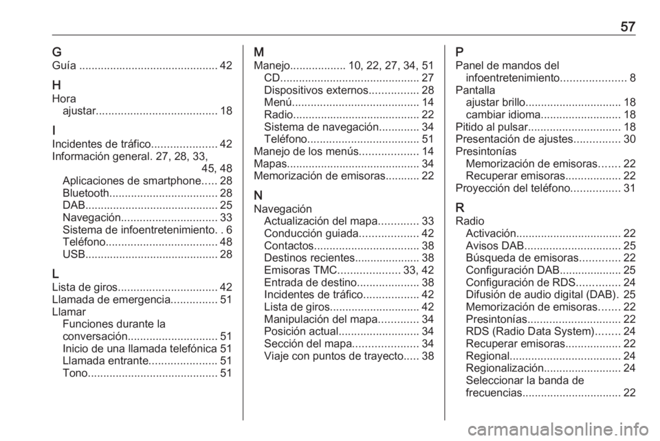 OPEL CROSSLAND X 2018.5  Manual de infoentretenimiento (in Spanish) 57GGuía  ............................................. 42
H Hora ajustar ....................................... 18
I
Incidentes de tráfico .....................42
Información general. 27, 28, 33, 