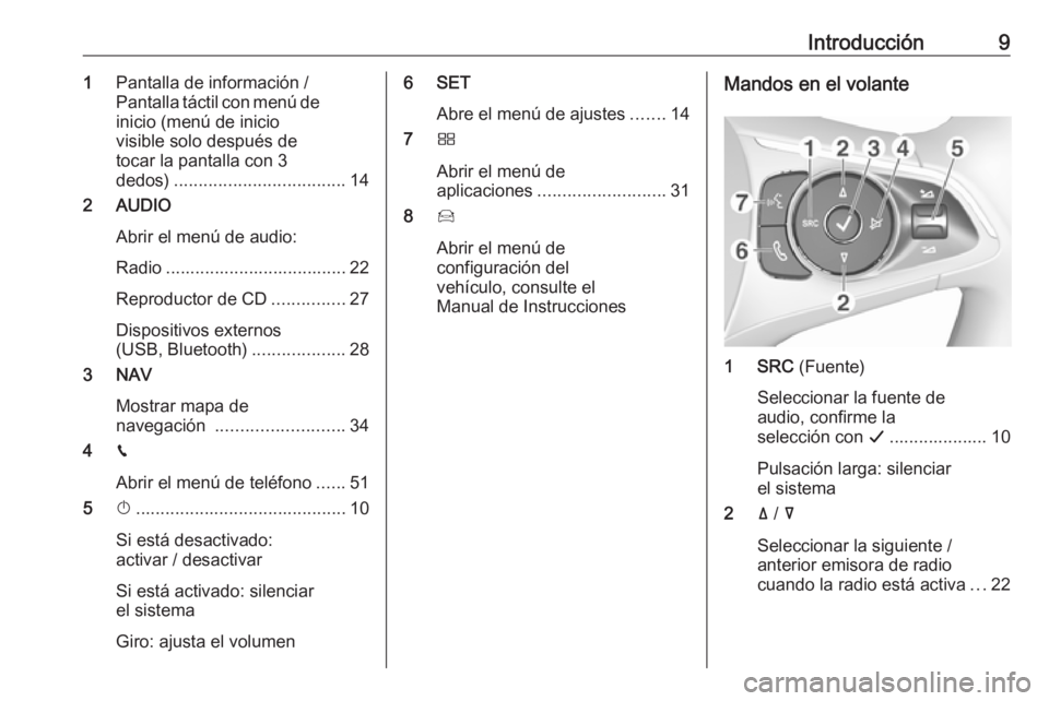 OPEL CROSSLAND X 2018.5  Manual de infoentretenimiento (in Spanish) Introducción91Pantalla de información /
Pantalla táctil con menú de inicio (menú de inicio
visible solo después de
tocar la pantalla con 3
dedos) ................................... 14
2 AUDIO
A