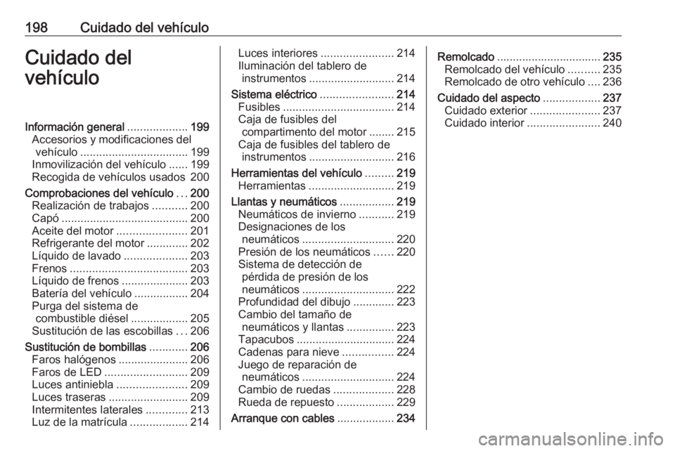 OPEL CROSSLAND X 2018.5  Manual de Instrucciones (in Spanish) 198Cuidado del vehículoCuidado del
vehículoInformación general ...................199
Accesorios y modificaciones del vehículo .................................. 199
Inmovilización del vehículo 