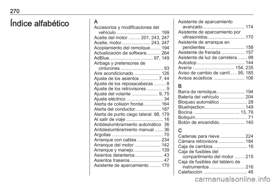 OPEL CROSSLAND X 2018.5 Manual de Instrucciones (in Spanish) 270Índice alfabéticoAAccesorios y modificaciones del vehículo .................................. 199
Aceite del motor ........201, 243, 247
Aceite, motor ...................... 243, 247
Acoplamie OPEL CROSSLAND X 2018.5 Manual de Instrucciones (in Spanish) 270Índice alfabéticoAAccesorios y modificaciones del vehículo .................................. 199
Aceite del motor ........201, 243, 247
Aceite, motor ...................... 243, 247
Acoplamie