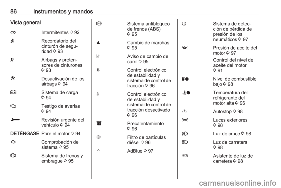 OPEL CROSSLAND X 2018.5  Manual de Instrucciones (in Spanish) 86Instrumentos y mandosVista generalOIntermitentes 3 92XRecordatorio del
cinturón de segu‐
ridad  3 93vAirbags y preten‐
sores de cinturones
3  93VDesactivación de los
airbags  3 94pSistema de c