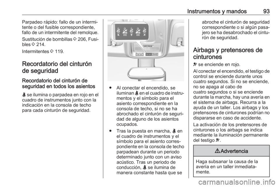OPEL CROSSLAND X 2018.5 Manual de Instrucciones (in Spanish) Instrumentos y mandos93Parpadeo rápido: fallo de un intermi‐
tente o del fusible correspondiente,
fallo de un intermitente del remolque.
Sustitución de bombillas 3 206, Fusi‐
bles 3 214.
Inter OPEL CROSSLAND X 2018.5 Manual de Instrucciones (in Spanish) Instrumentos y mandos93Parpadeo rápido: fallo de un intermi‐
tente o del fusible correspondiente,
fallo de un intermitente del remolque.
Sustitución de bombillas 3 206, Fusi‐
bles 3 214.
Inter