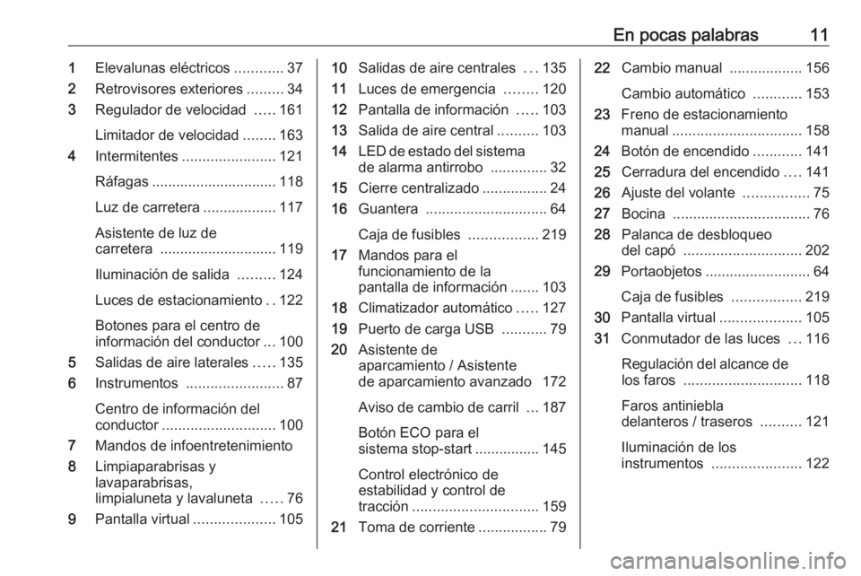 OPEL CROSSLAND X 2019  Manual de Instrucciones (in Spanish) En pocas palabras111Elevalunas eléctricos ............37
2 Retrovisores exteriores .........34
3 Regulador de velocidad  .....161
Limitador de velocidad ........163
4 Intermitentes ..................