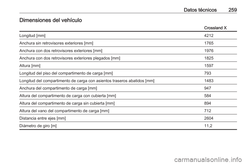 OPEL CROSSLAND X 2019  Manual de Instrucciones (in Spanish) Datos técnicos259Dimensiones del vehículoCrossland XLongitud [mm]4212Anchura sin retrovisores exteriores [mm]1765Anchura con dos retrovisores exteriores [mm]1976Anchura con dos retrovisores exterior