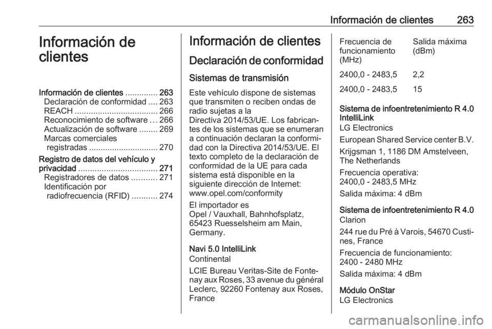 OPEL CROSSLAND X 2019  Manual de Instrucciones (in Spanish) Información de clientes263Información de
clientesInformación de clientes ..............263
Declaración de conformidad ....263
REACH .................................... 266
Reconocimiento de softw