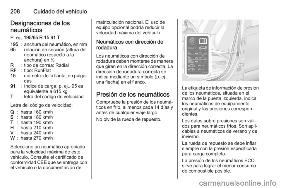 OPEL CROSSLAND X 2019.75 Manual de Instrucciones (in Spanish) 208Cuidado del vehículoDesignaciones de losneumáticos
P. ej., 195/65 R 15 91 T195:anchura del neumático, en mm65:relación de sección (altura del
neumático respecto a la
anchura) en %R:tipo de c OPEL CROSSLAND X 2019.75 Manual de Instrucciones (in Spanish) 208Cuidado del vehículoDesignaciones de losneumáticos
P. ej., 195/65 R 15 91 T195:anchura del neumático, en mm65:relación de sección (altura del
neumático respecto a la
anchura) en %R:tipo de c