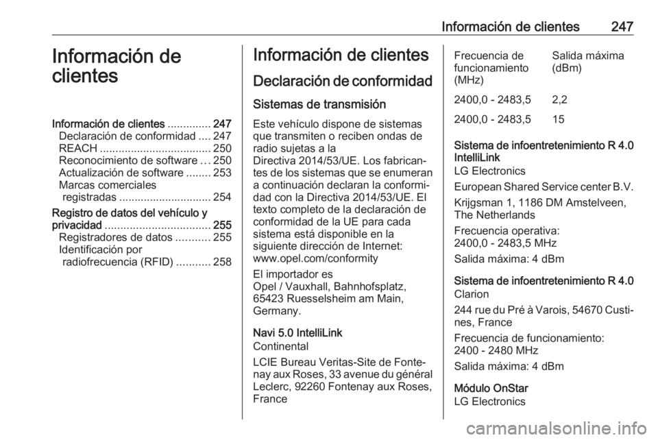 OPEL CROSSLAND X 2019.75 Manual de Instrucciones (in Spanish) Información de clientes247Información de
clientesInformación de clientes ..............247
Declaración de conformidad ....247
REACH .................................... 250
Reconocimiento de softw OPEL CROSSLAND X 2019.75 Manual de Instrucciones (in Spanish) Información de clientes247Información de
clientesInformación de clientes ..............247
Declaración de conformidad ....247
REACH .................................... 250
Reconocimiento de softw