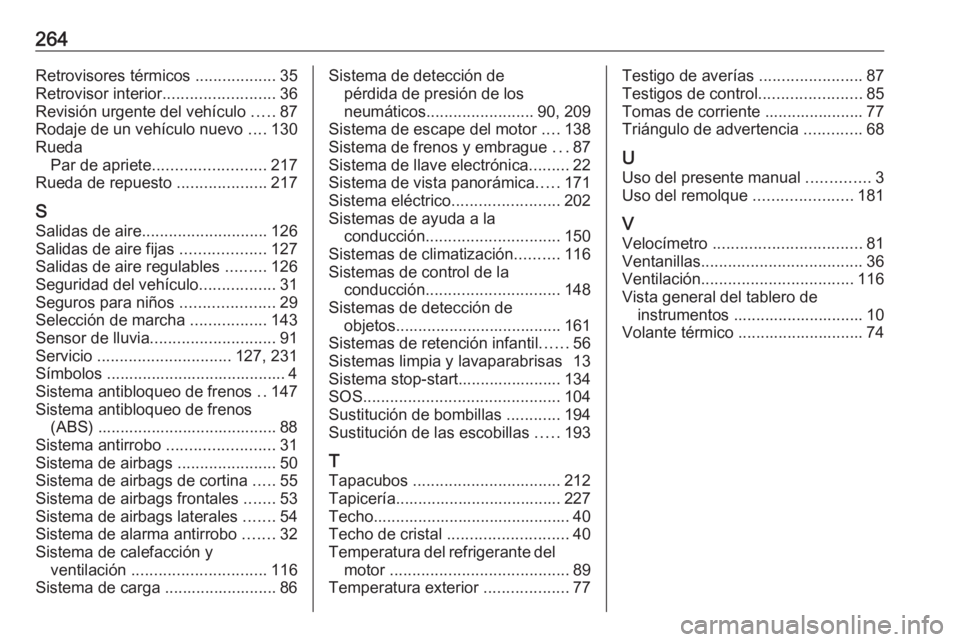 OPEL CROSSLAND X 2019.75  Manual de Instrucciones (in Spanish) 264Retrovisores térmicos ..................35
Retrovisor interior .........................36
Revisión urgente del vehículo  .....87
Rodaje de un vehículo nuevo  ....130
Rueda Par de apriete .....