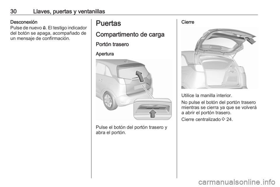 OPEL CROSSLAND X 2019.75  Manual de Instrucciones (in Spanish) 30Llaves, puertas y ventanillasDesconexión
Pulse de nuevo  Ô. El testigo indicador
del botón se apaga, acompañado de
un mensaje de confirmación.Puertas
Compartimento de carga
Portón trasero
Aper