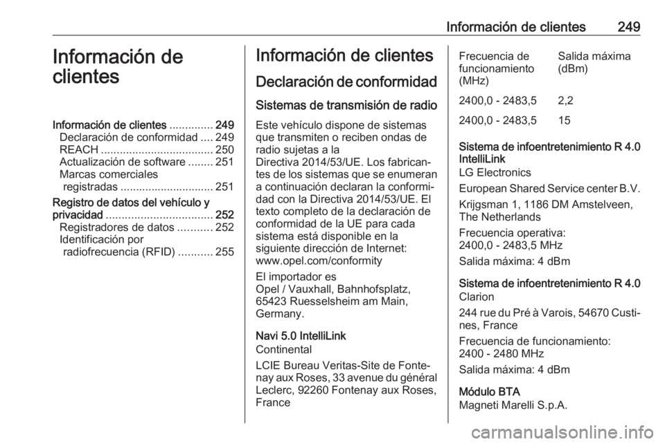 OPEL CROSSLAND X 2020  Manual de Instrucciones (in Spanish) Información de clientes249Información de
clientesInformación de clientes ..............249
Declaración de conformidad ....249
REACH .................................... 250
Actualización de softw
