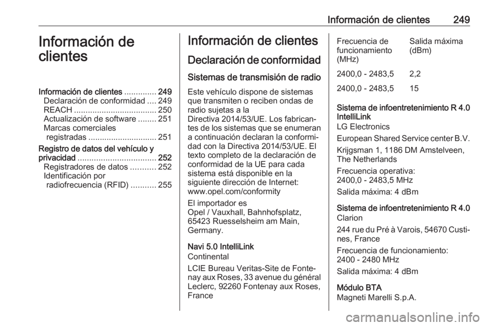 OPEL CROSSLAND X 2020 Manual de Instrucciones (in Spanish) Información de clientes249Información de
clientesInformación de clientes ..............249
Declaración de conformidad ....249
REACH .................................... 250
Actualización de softw OPEL CROSSLAND X 2020 Manual de Instrucciones (in Spanish) Información de clientes249Información de
clientesInformación de clientes ..............249
Declaración de conformidad ....249
REACH .................................... 250
Actualización de softw