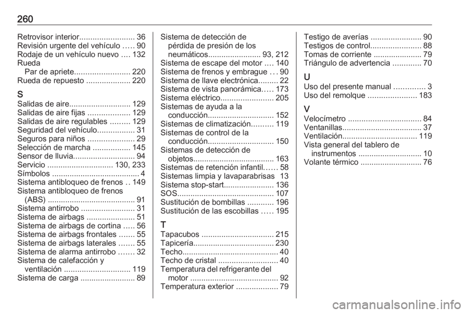 OPEL CROSSLAND X 2020  Manual de Instrucciones (in Spanish) 260Retrovisor interior.........................36
Revisión urgente del vehículo  .....90
Rodaje de un vehículo nuevo  ....132
Rueda Par de apriete ......................... 220
Rueda de repuesto  .