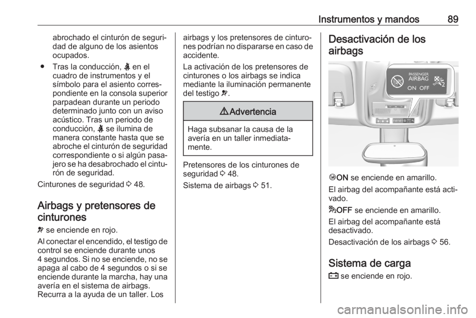 OPEL CROSSLAND X 2020  Manual de Instrucciones (in Spanish) Instrumentos y mandos89abrochado el cinturón de seguri‐
dad de alguno de los asientos
ocupados.
● Tras la conducción,  X en el
cuadro de instrumentos y el
símbolo para el asiento corres‐
pond