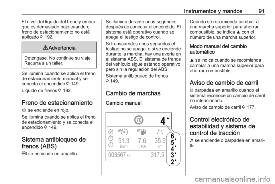 OPEL CROSSLAND X 2020  Manual de Instrucciones (in Spanish) Instrumentos y mandos91El nivel del líquido del freno y embra‐
gue es demasiado bajo cuando el
freno de estacionamiento no está
aplicado  3 192.9 Advertencia
Deténgase. No continúe su viaje.
Rec