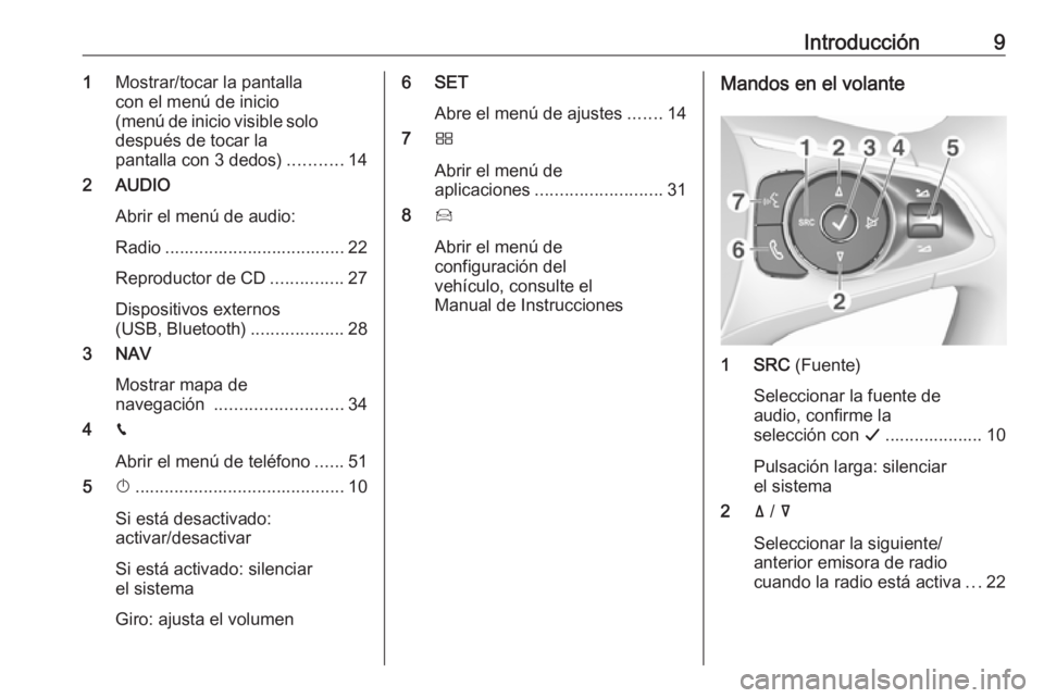 OPEL GRANDLAND X 2018  Manual de infoentretenimiento (in Spanish) Introducción91Mostrar/tocar la pantalla
con el menú de inicio
(menú de inicio visible solo después de tocar la
pantalla con 3 dedos) ...........14
2 AUDIO
Abrir el menú de audio:
Radio ..........