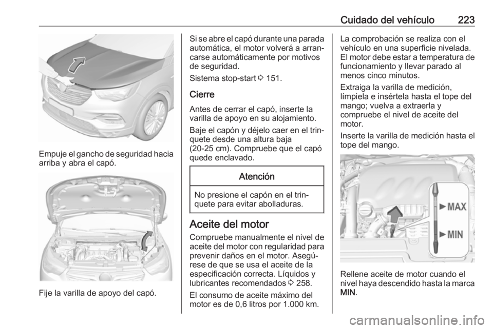 OPEL GRANDLAND X 2018 Manual de Instrucciones (in Spanish) Cuidado del vehículo223
Empuje el gancho de seguridad haciaarriba y abra el capó.
Fije la varilla de apoyo del capó.
Si se abre el capó durante una parada
automática, el motor volverá a arran‐ OPEL GRANDLAND X 2018 Manual de Instrucciones (in Spanish) Cuidado del vehículo223
Empuje el gancho de seguridad haciaarriba y abra el capó.
Fije la varilla de apoyo del capó.
Si se abre el capó durante una parada
automática, el motor volverá a arran‐