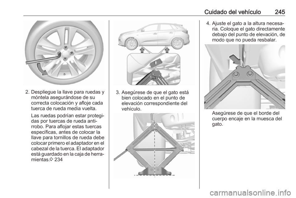 OPEL GRANDLAND X 2018 Manual de Instrucciones (in Spanish) Cuidado del vehículo245
2. Despliegue la llave para ruedas ymóntela asegurándose de su
correcta colocación y afloje cada
tuerca de rueda media vuelta.
Las ruedas podrían estar protegi‐
das por OPEL GRANDLAND X 2018 Manual de Instrucciones (in Spanish) Cuidado del vehículo245
2. Despliegue la llave para ruedas ymóntela asegurándose de su
correcta colocación y afloje cada
tuerca de rueda media vuelta.
Las ruedas podrían estar protegi‐
das por