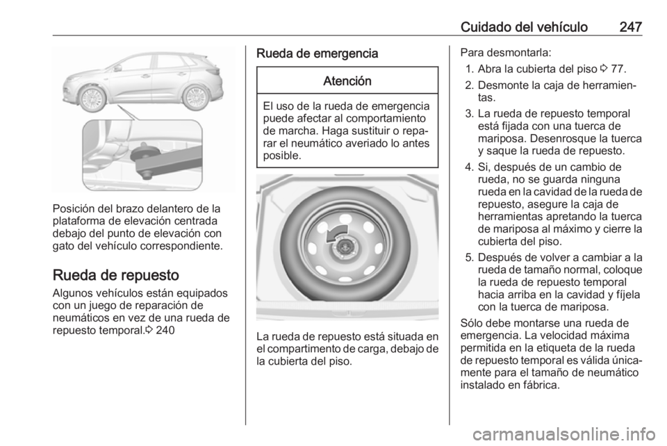 OPEL GRANDLAND X 2018 Manual de Instrucciones (in Spanish) Cuidado del vehículo247
Posición del brazo delantero de la
plataforma de elevación centrada
debajo del punto de elevación con
gato del vehículo correspondiente.
Rueda de repuesto Algunos vehícul OPEL GRANDLAND X 2018 Manual de Instrucciones (in Spanish) Cuidado del vehículo247
Posición del brazo delantero de la
plataforma de elevación centrada
debajo del punto de elevación con
gato del vehículo correspondiente.
Rueda de repuesto Algunos vehícul