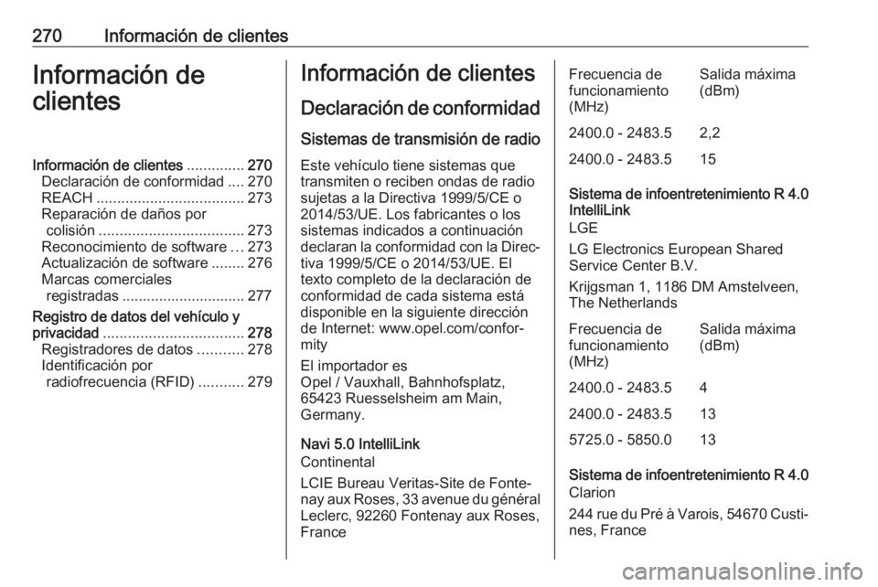 OPEL GRANDLAND X 2018  Manual de Instrucciones (in Spanish) 270Información de clientesInformación de
clientesInformación de clientes ..............270
Declaración de conformidad ....270
REACH .................................... 273
Reparación de daños p