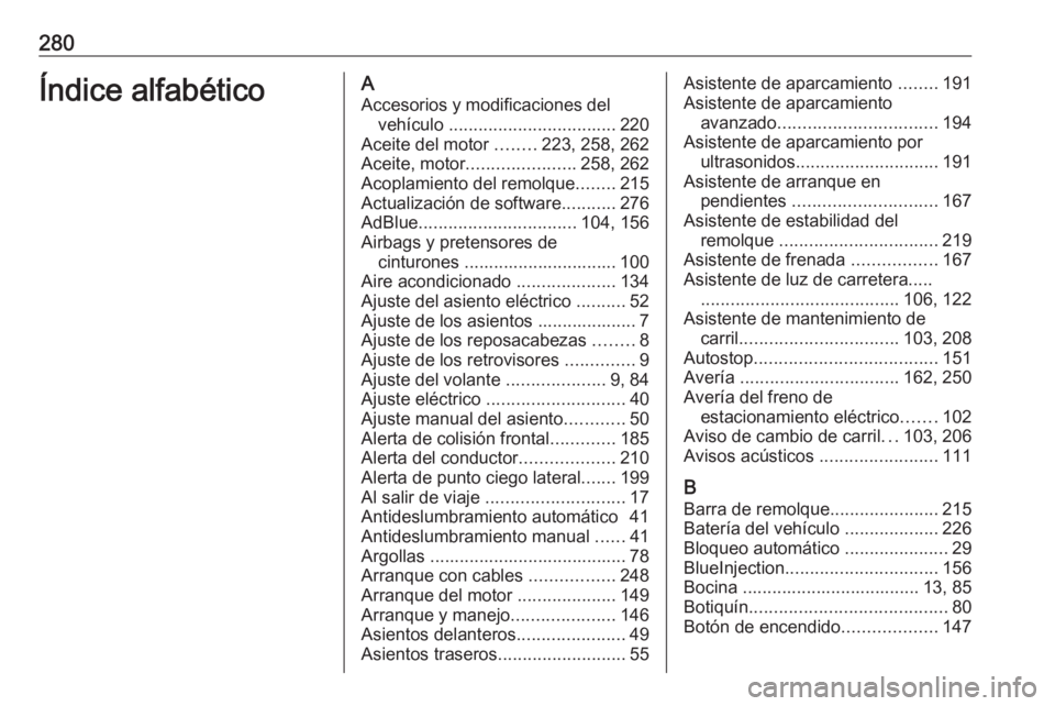 OPEL GRANDLAND X 2018 Manual de Instrucciones (in Spanish) 280Índice alfabéticoAAccesorios y modificaciones del vehículo .................................. 220
Aceite del motor ........223, 258, 262
Aceite, motor ...................... 258, 262
Acoplamie OPEL GRANDLAND X 2018 Manual de Instrucciones (in Spanish) 280Índice alfabéticoAAccesorios y modificaciones del vehículo .................................. 220
Aceite del motor ........223, 258, 262
Aceite, motor ...................... 258, 262
Acoplamie