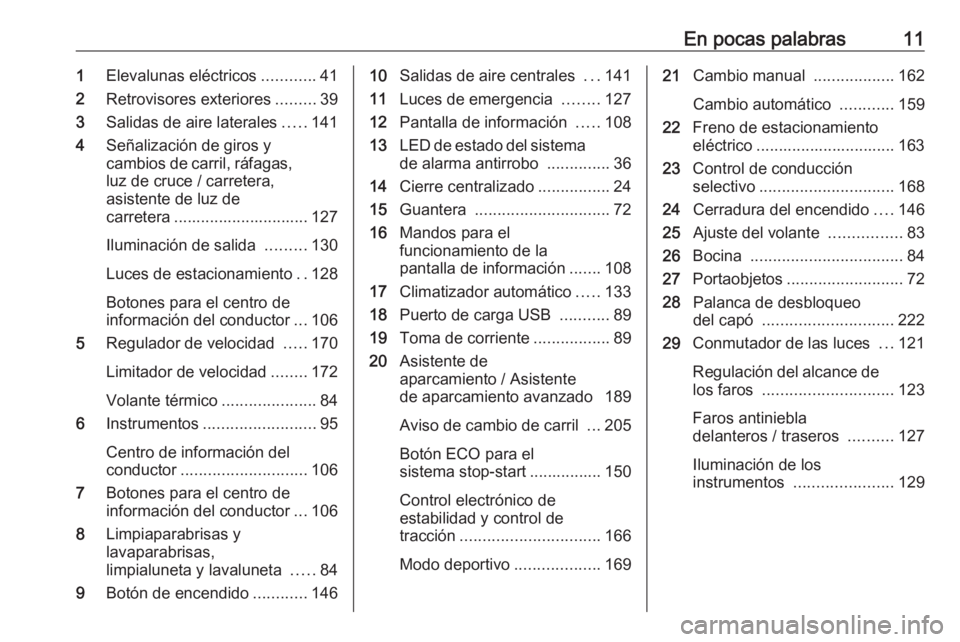 OPEL GRANDLAND X 2018.5  Manual de Instrucciones (in Spanish) En pocas palabras111Elevalunas eléctricos ............41
2 Retrovisores exteriores .........39
3 Salidas de aire laterales .....141
4 Señalización de giros y
cambios de carril, ráfagas, luz de cru