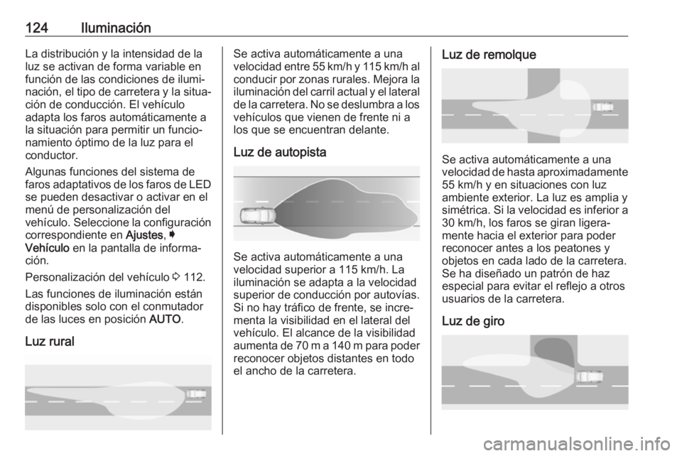 OPEL GRANDLAND X 2018.5  Manual de Instrucciones (in Spanish) 124IluminaciónLa distribución y la intensidad de la
luz se activan de forma variable en
función de las condiciones de ilumi‐
nación, el tipo de carretera y la situa‐ ción de conducción. El v