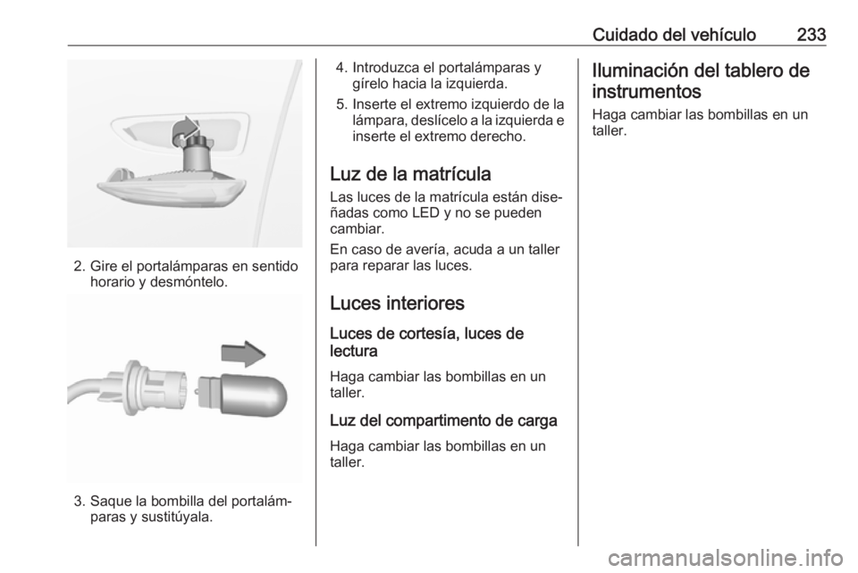 OPEL GRANDLAND X 2018.5 Manual de Instrucciones (in Spanish) Cuidado del vehículo233
2. Gire el portalámparas en sentidohorario y desmóntelo.
3. Saque la bombilla del portalám‐paras y sustitúyala.
4. Introduzca el portalámparas ygírelo hacia la izquier OPEL GRANDLAND X 2018.5 Manual de Instrucciones (in Spanish) Cuidado del vehículo233
2. Gire el portalámparas en sentidohorario y desmóntelo.
3. Saque la bombilla del portalám‐paras y sustitúyala.
4. Introduzca el portalámparas ygírelo hacia la izquier